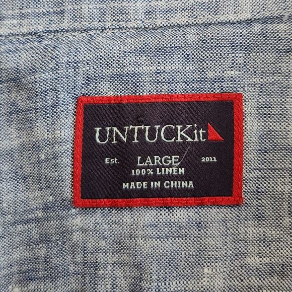 Untuckit 100% Linen Long Sleeve Button Down Shirt Chambray Blue Size Large - Picture 7 of 8